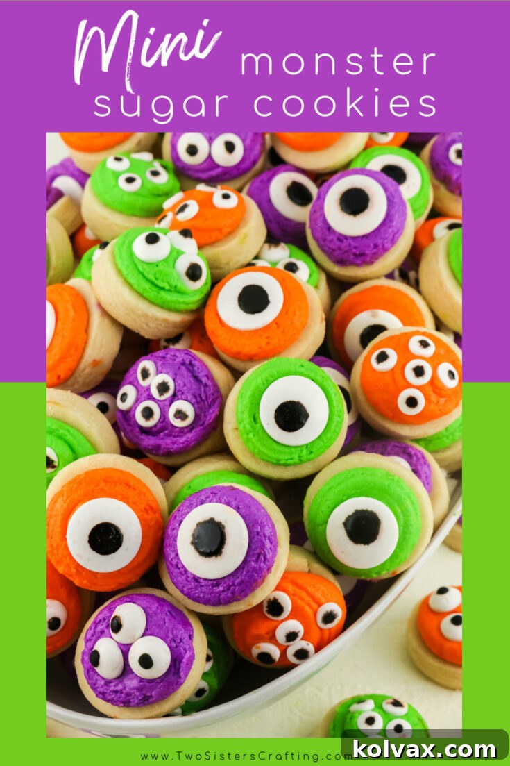 Mini Monster Sugar Cookies, perfect for a Halloween party. A fun, easy, and adorable frosted sugar cookie recipe.