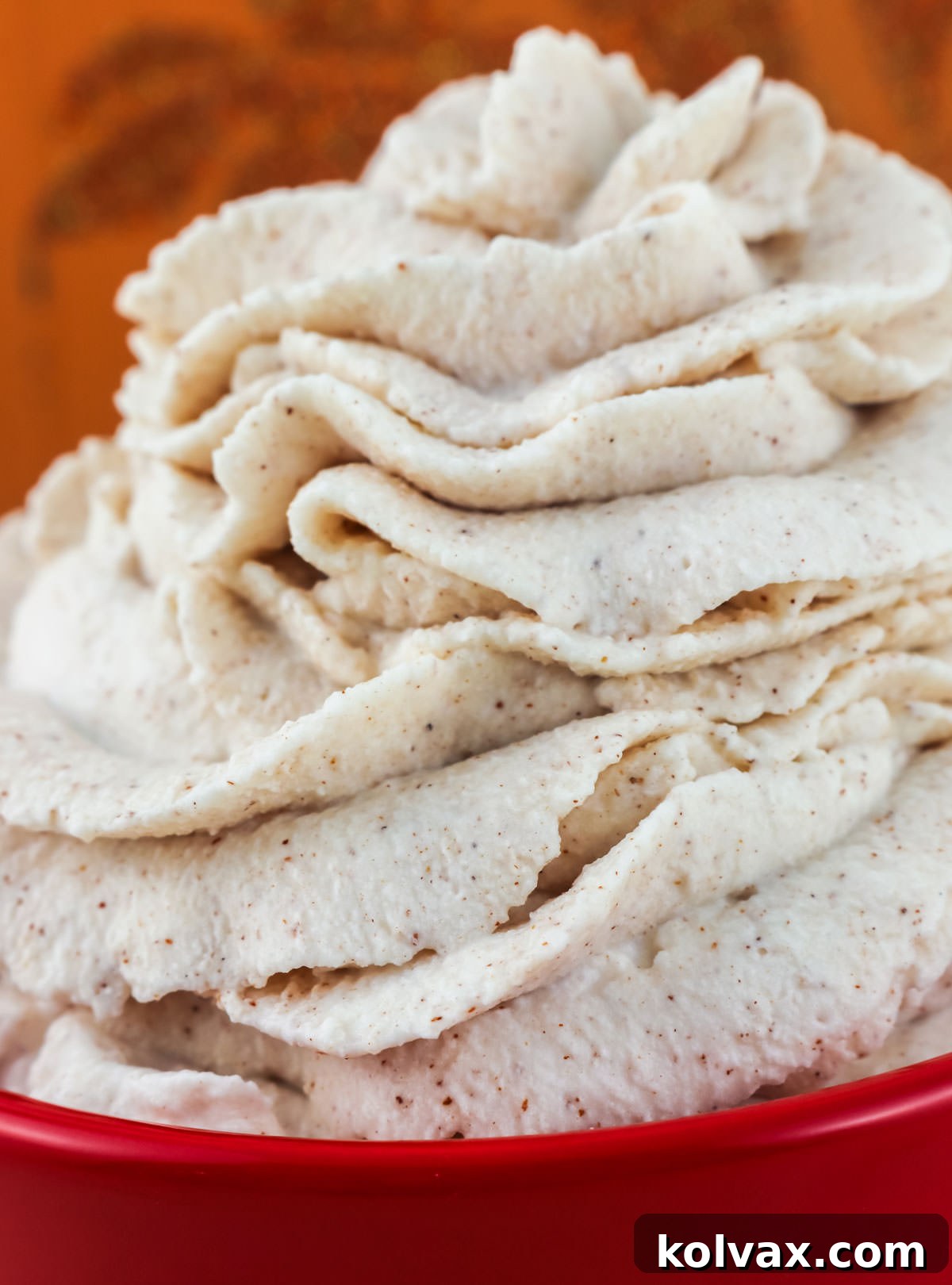 A festive close-up of a dessert, beautifully garnished with a piped swirl of Homemade Cinnamon Whipped Cream, evoking the cozy spirit of Fall and Thanksgiving.