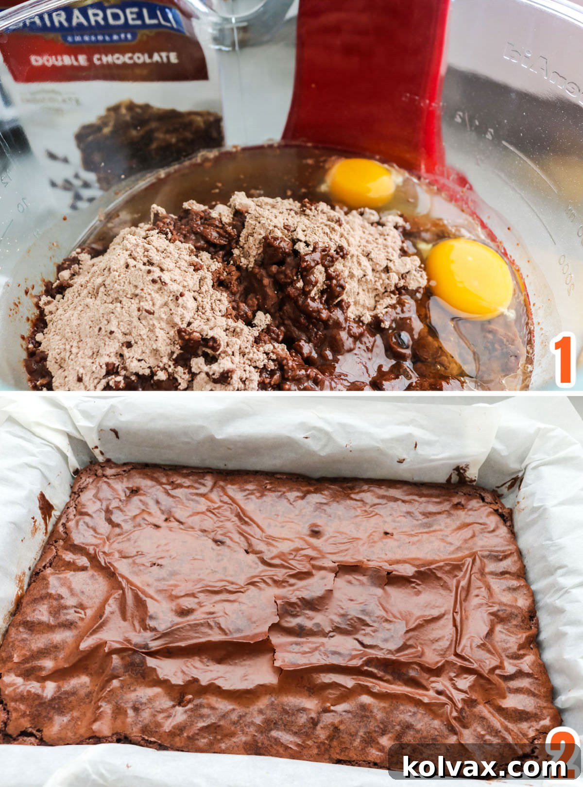 A collage showing the step-by-step process of preparing and baking the brownie layer: mixing batter, pouring into a parchment-lined pan, and a finished baked brownie.