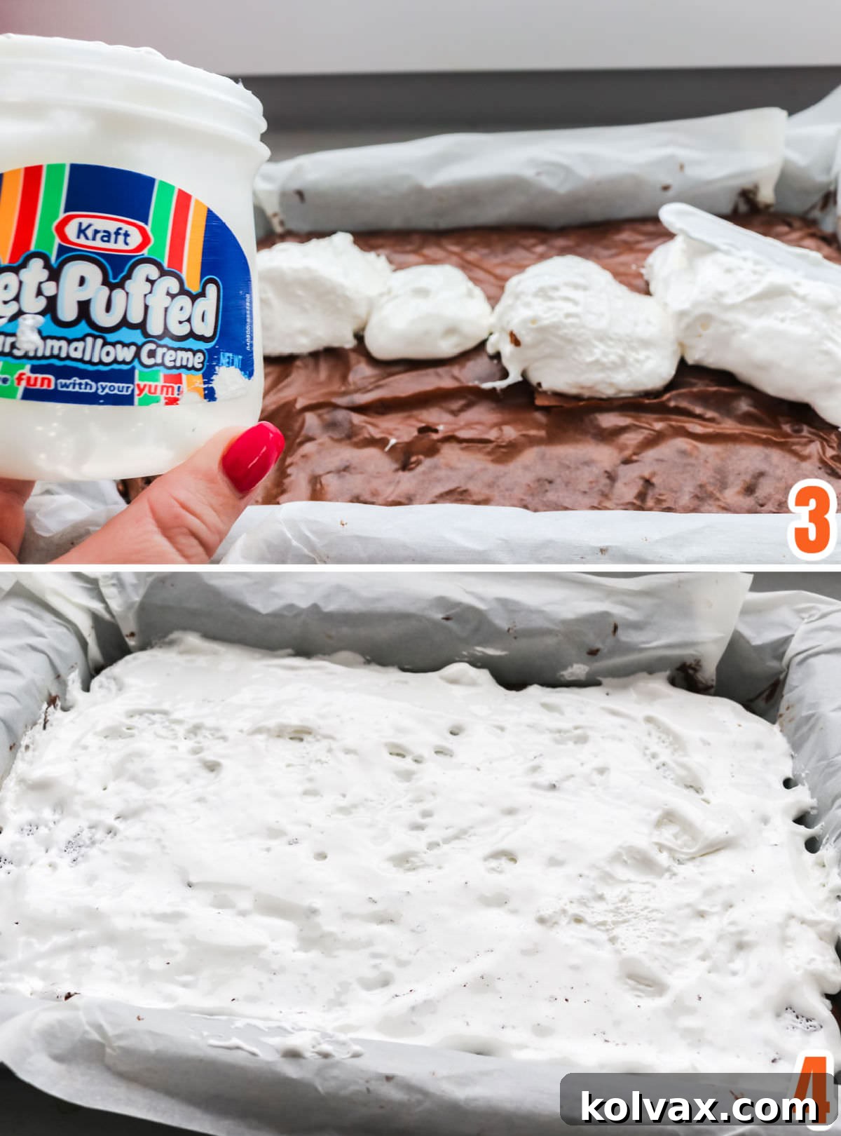 A collage demonstrating how to apply the marshmallow creme layer: pouring the creme onto cooled brownies and then smoothing it evenly with an offset spatula.