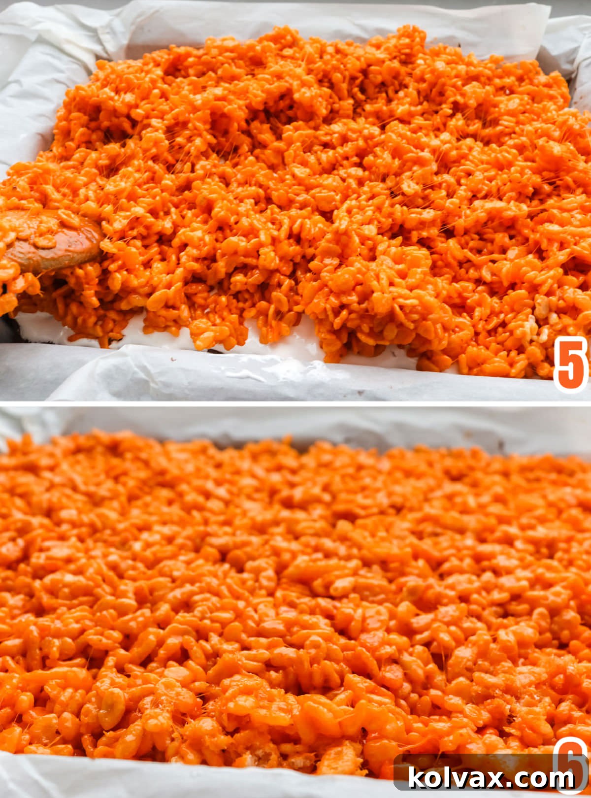 A collage illustrating the steps for making and applying the orange Rice Krispie Treat layer: mixing colored marshmallow with cereal, and pressing the mixture onto the marshmallow creme layer.