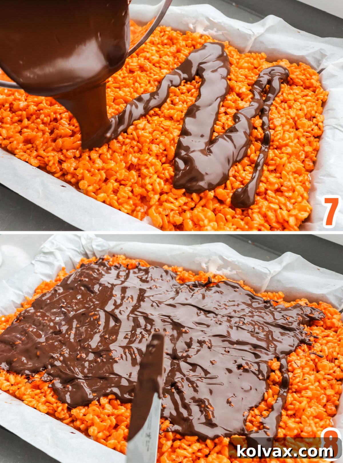 A collage showing how to apply the chocolate topping: melting dark chocolate wafers, pouring over the Rice Krispie layer, and smoothing it with a knife.