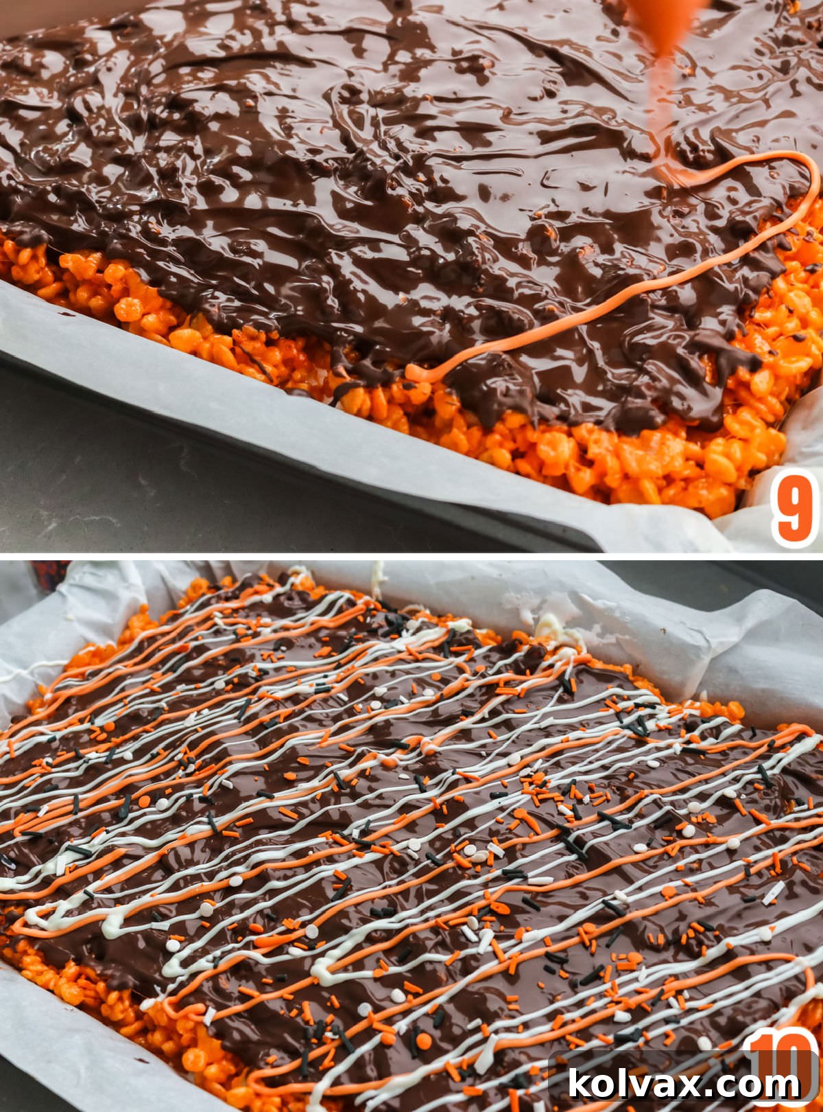 A collage demonstrating the final decorative steps: melting white and orange candy melts in baggies, drizzling them in swirls over the chocolate, and adding Halloween sprinkles.