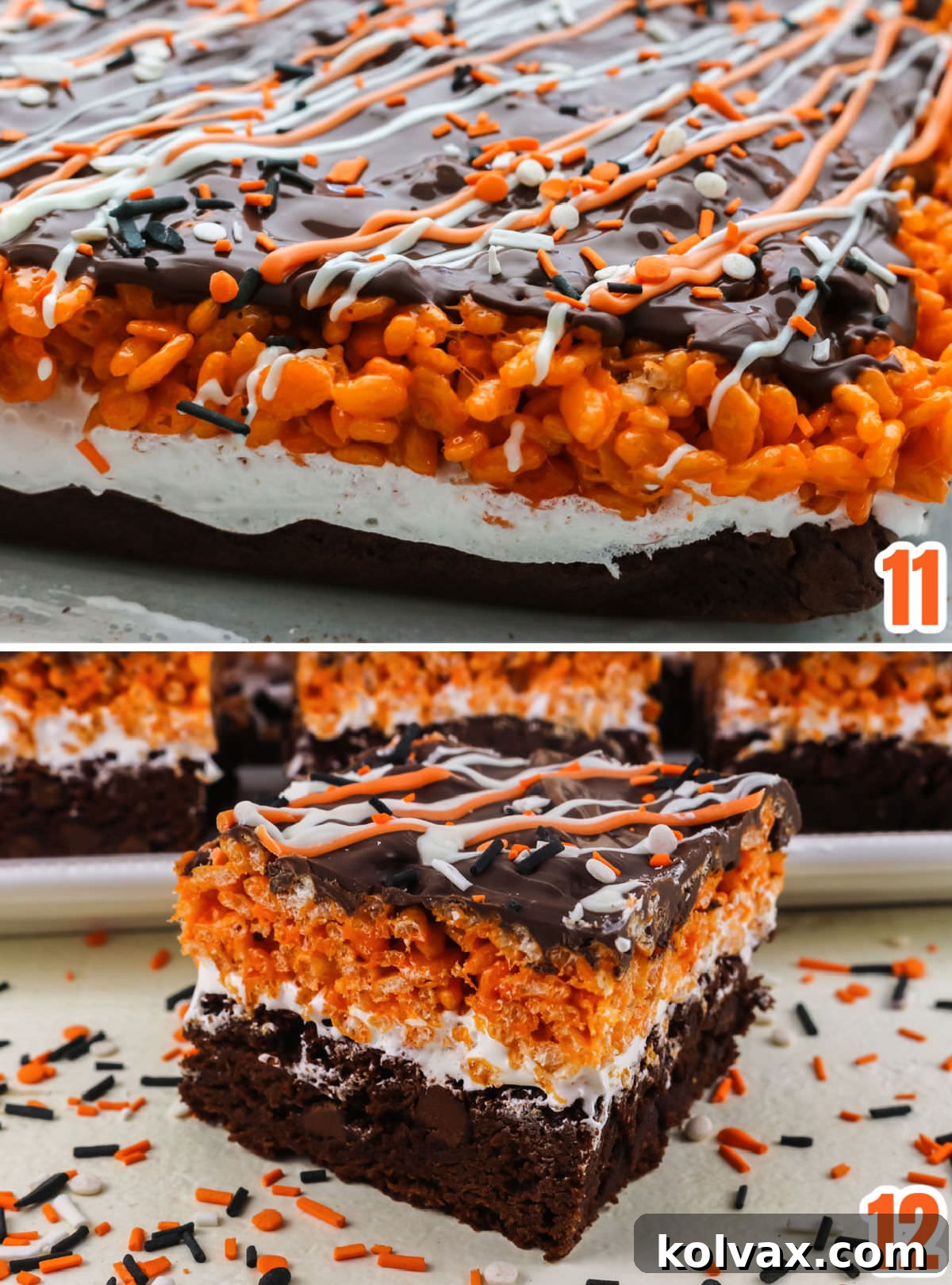 A collage illustrating how to cut and serve the Halloween Brownie Rice Krispie Treats: lifting the whole block from the pan using parchment paper, and cutting it into individual bars.