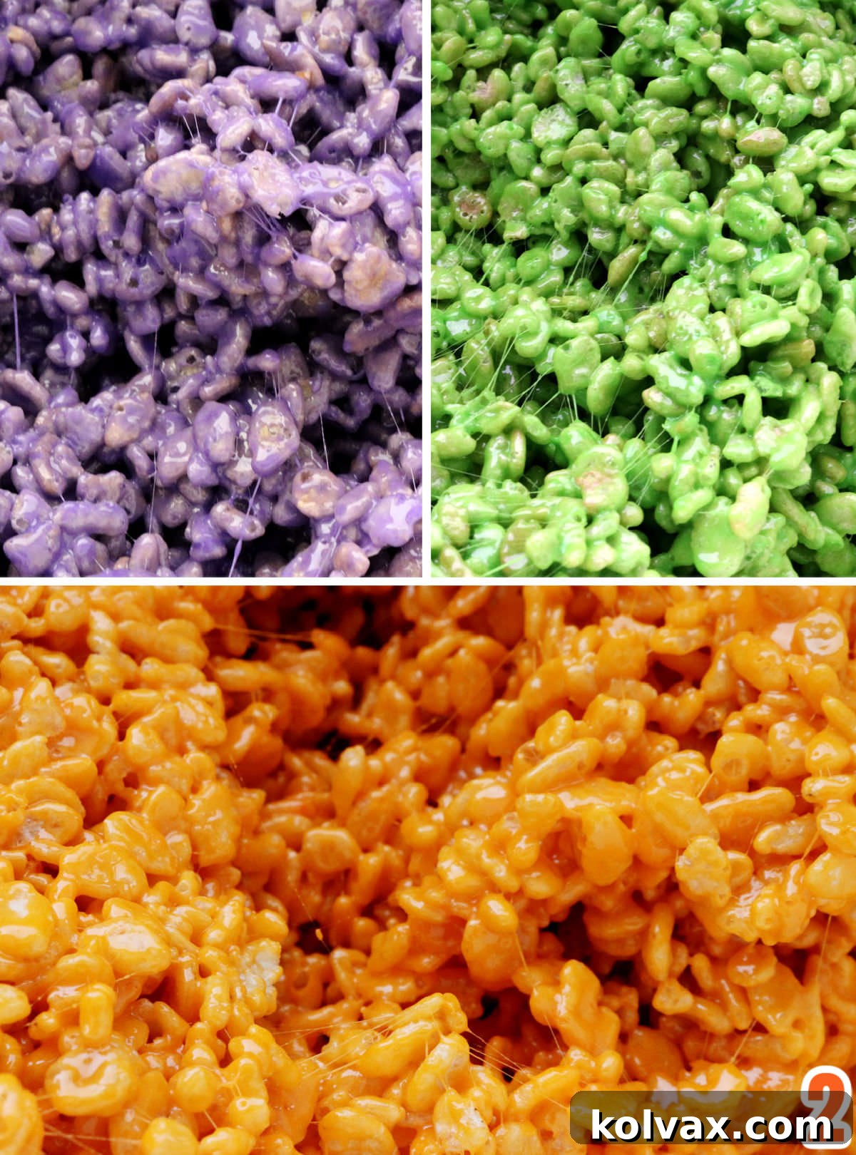 Collage image showing how to tint Rice Krispie Treat mixture Purple, Green and Orange.