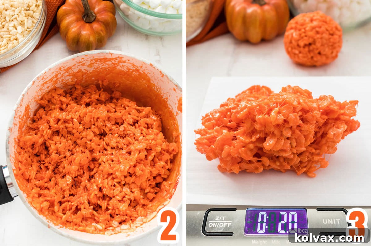 A helpful collage showcasing the process of tinting the Rice Krispie Treat mixture to a beautiful orange hue. One panel depicts the addition of orange and red food coloring to melted marshmallows and butter, while another shows the final, vibrantly colored mixture, perfectly ready for pumpkin shaping.