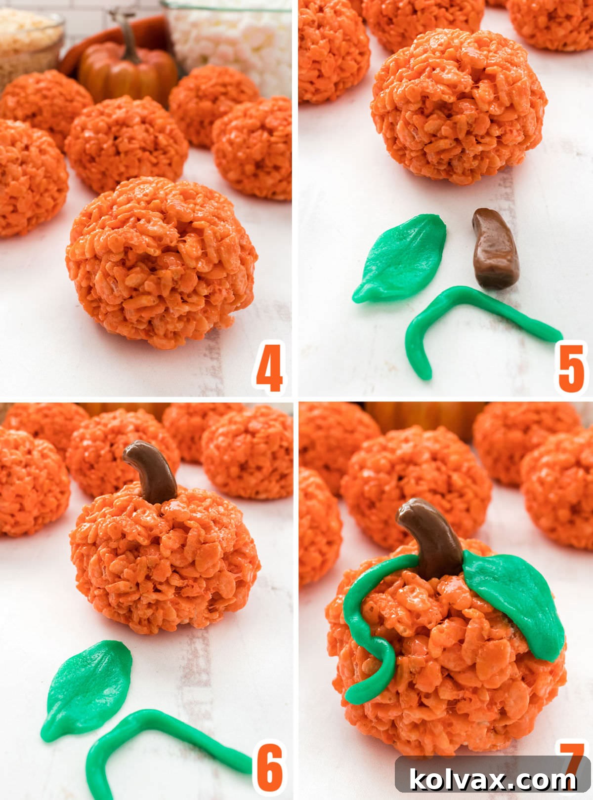 A step-by-step collage demonstrating how to transform an orange Rice Krispie Treat ball into a charming pumpkin. The images show shaping the mixture, adding a Tootsie Roll stem, and finally decorating with a green Airhead candy leaf and vine, making the treat come to life.