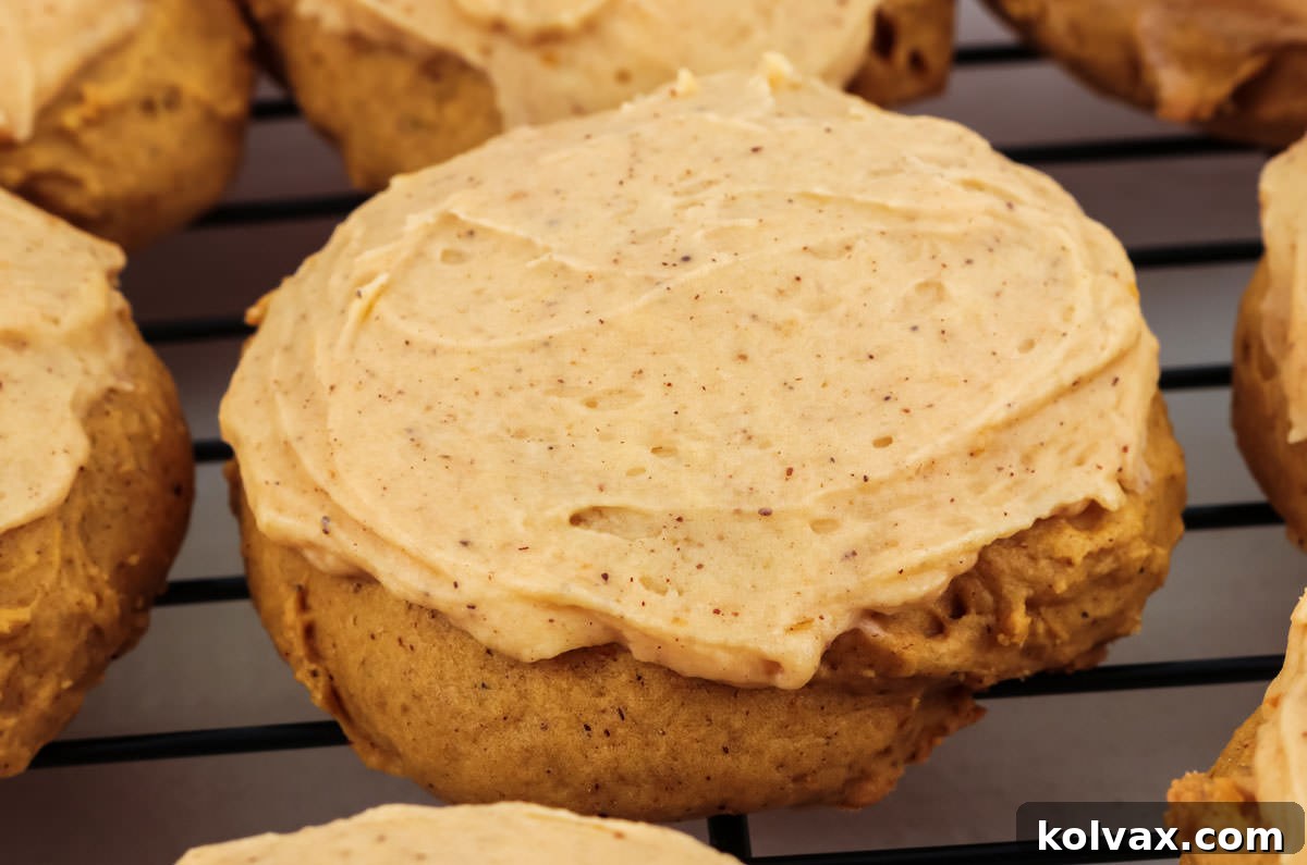 Yumuşak ve hafif kabak kurabiyelerinin üzerinde kremsi kabak baharatlı krema bulunan bir siyah soğutma rafındaki yakın çekim.