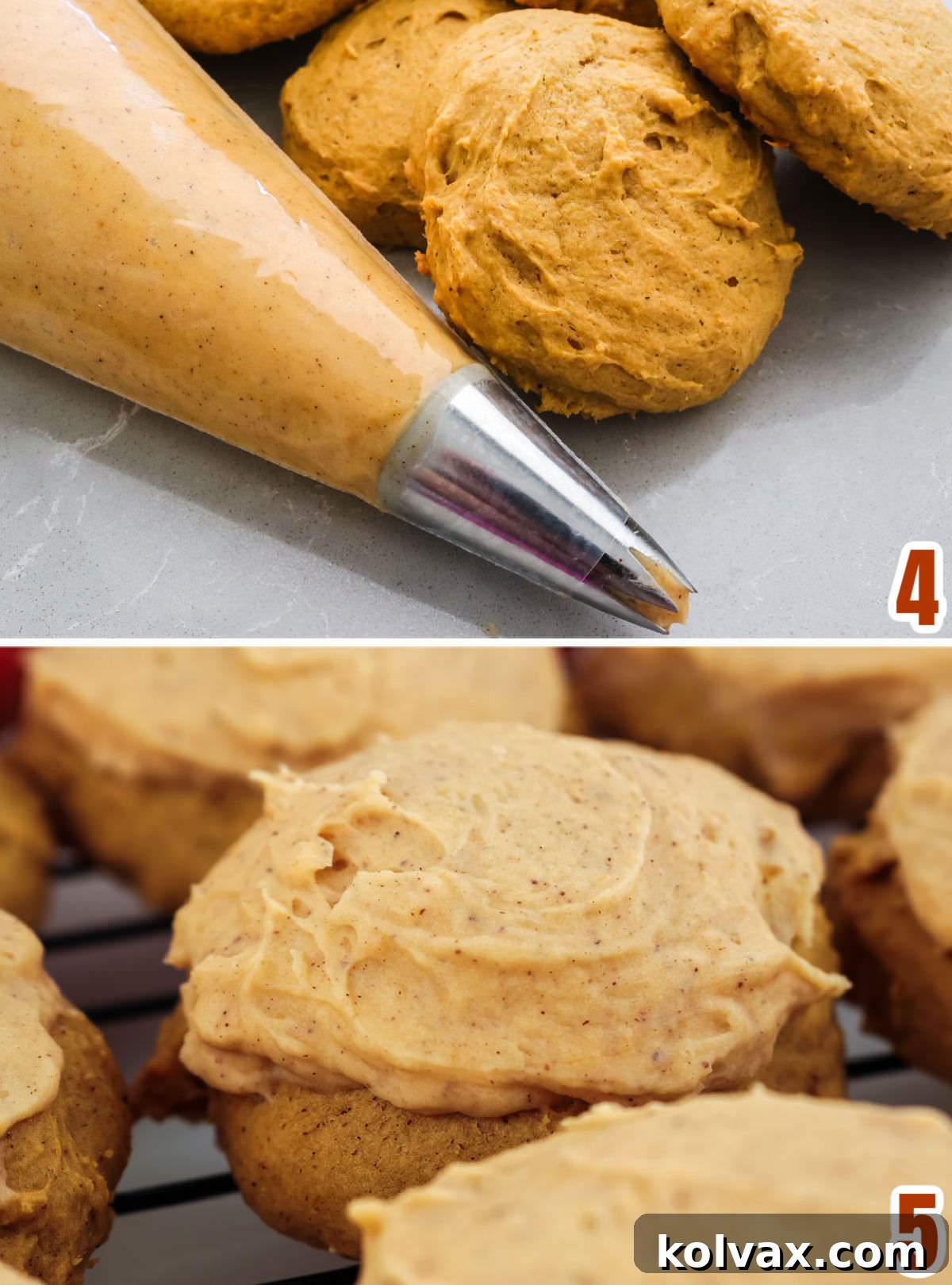 Kabak kurabiyelerini kabak kremasıyla süsleme adımlarını gösteren kolaj görüntüsü.