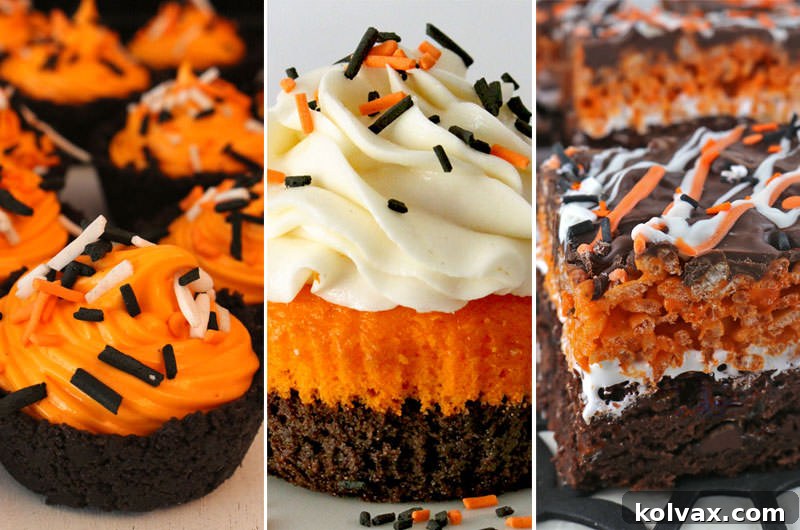 A vibrant display of various Halloween-themed desserts including cookies, rice krispie treats, and cupcakes, all adorned with festive colors and spooky decorations.