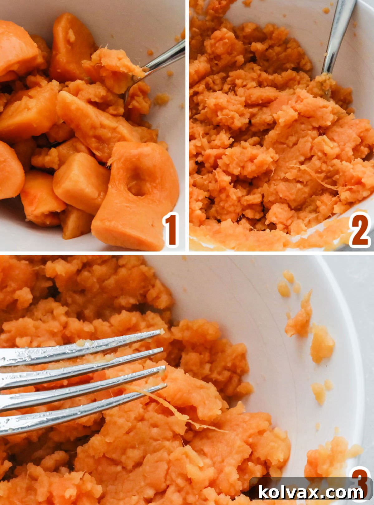 Collage image demonstrating the process of mashing canned Sweet Potatoes for the cookie recipe.