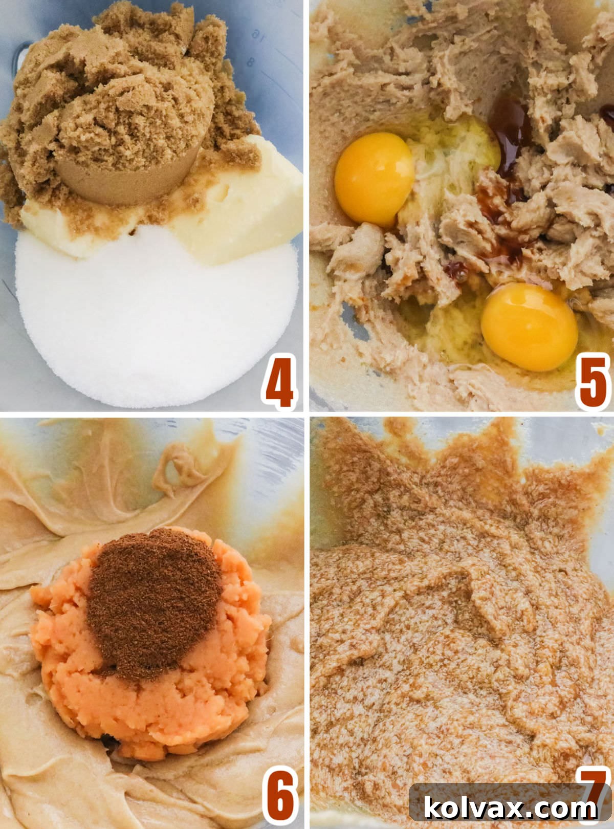 Collage image showcasing the various stages of making the Sweet Potato Cookie dough, from creaming butter and sugar to mixing in wet ingredients.