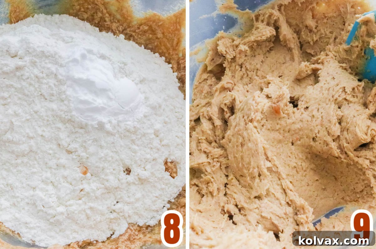 Collage image illustrating the process of gradually adding dry ingredients, specifically flour, to the sweet potato cookie dough.