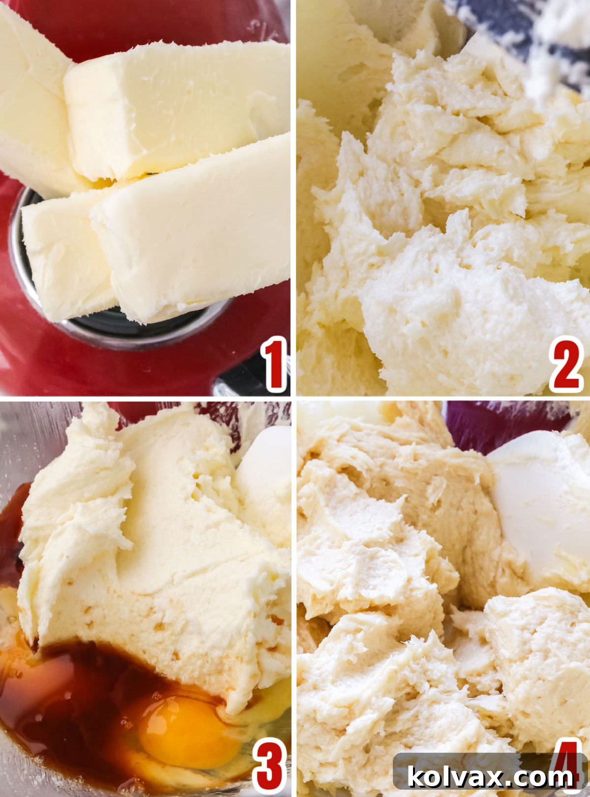 A visual collage demonstrating the initial steps of mixing butter, sugar, vanilla, and eggs to create the base for chocolate sugar cookie dough.