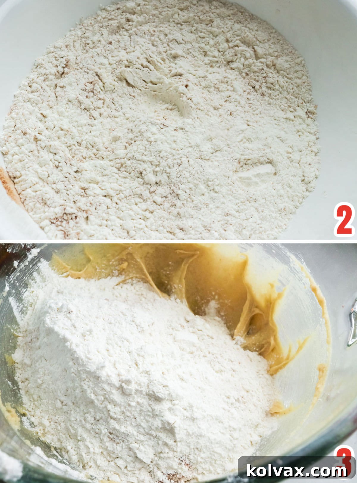 Collage image showing the steps for adding the dry ingredients to the cookie dough.