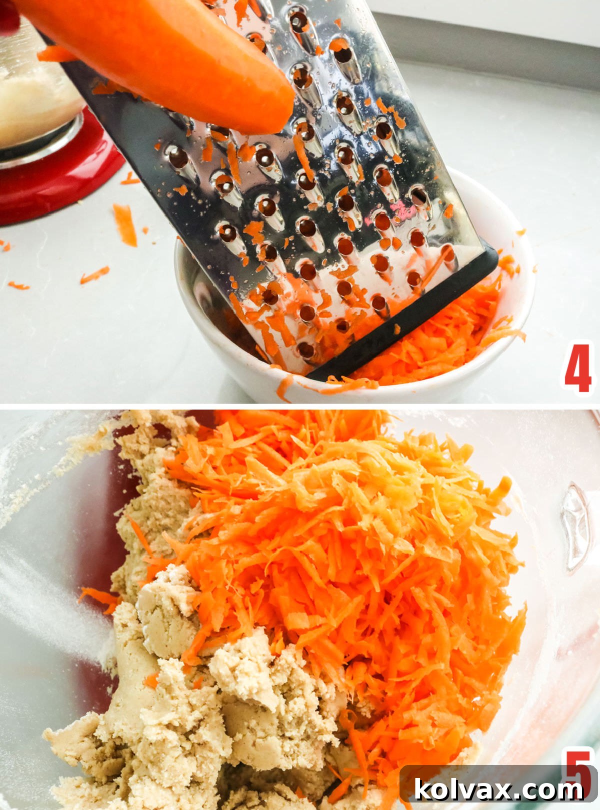 Collage image showing how to grate carrots for the cookies and add them to the cookie dough.