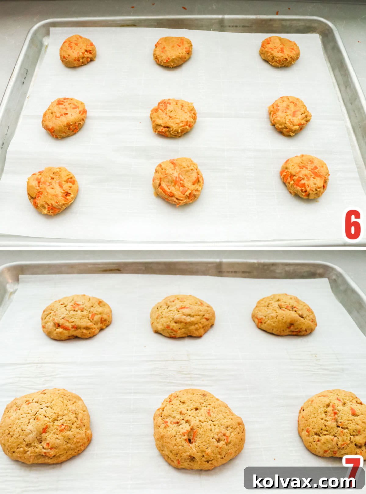 Collage image showing the carrot cake cookies before they go in the oven and after they come out of the oven.