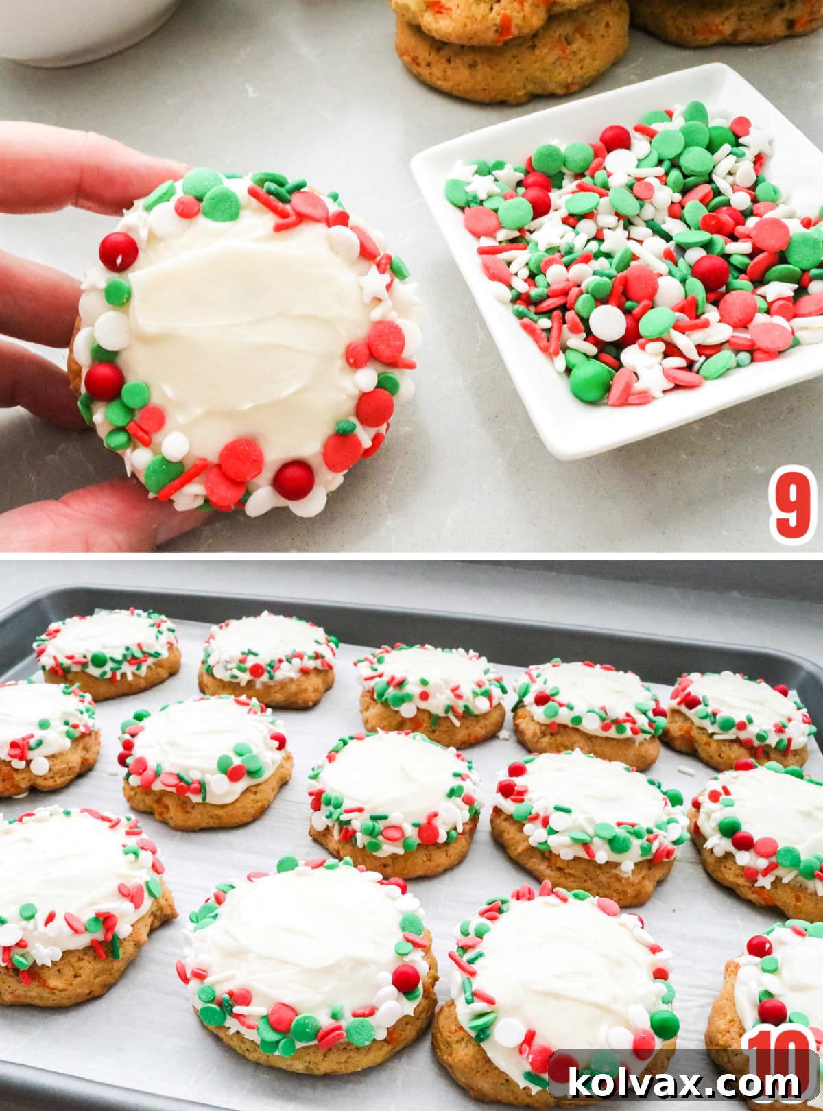 Collage image showing how to frost and decorate the Christmas Carrot Cake Cookies.