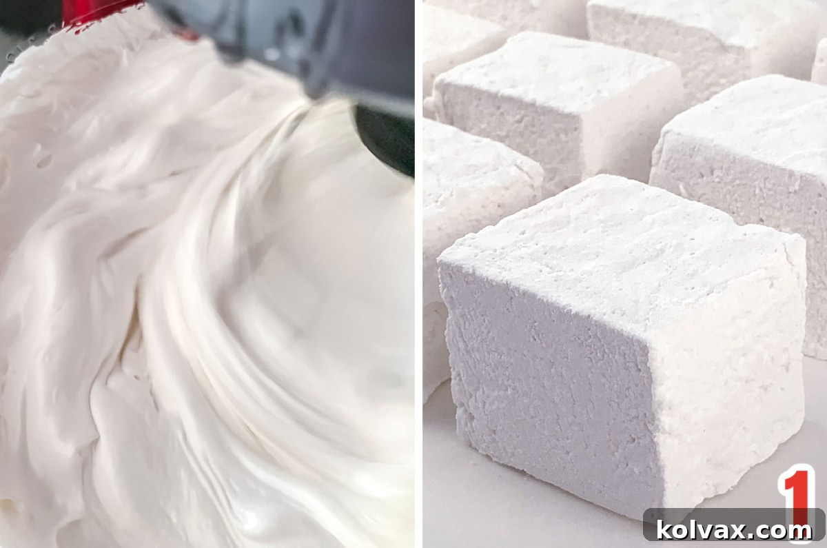 Collage image showing marshmallow mixture whipping up in a mixer and rows of already made Homemade Marshmallows.