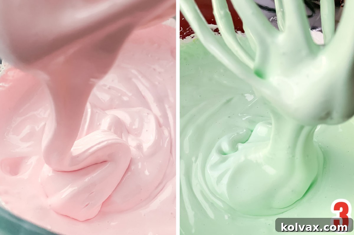 Collage image showing how to tint the marshmallow mixture green and red for Christmas.