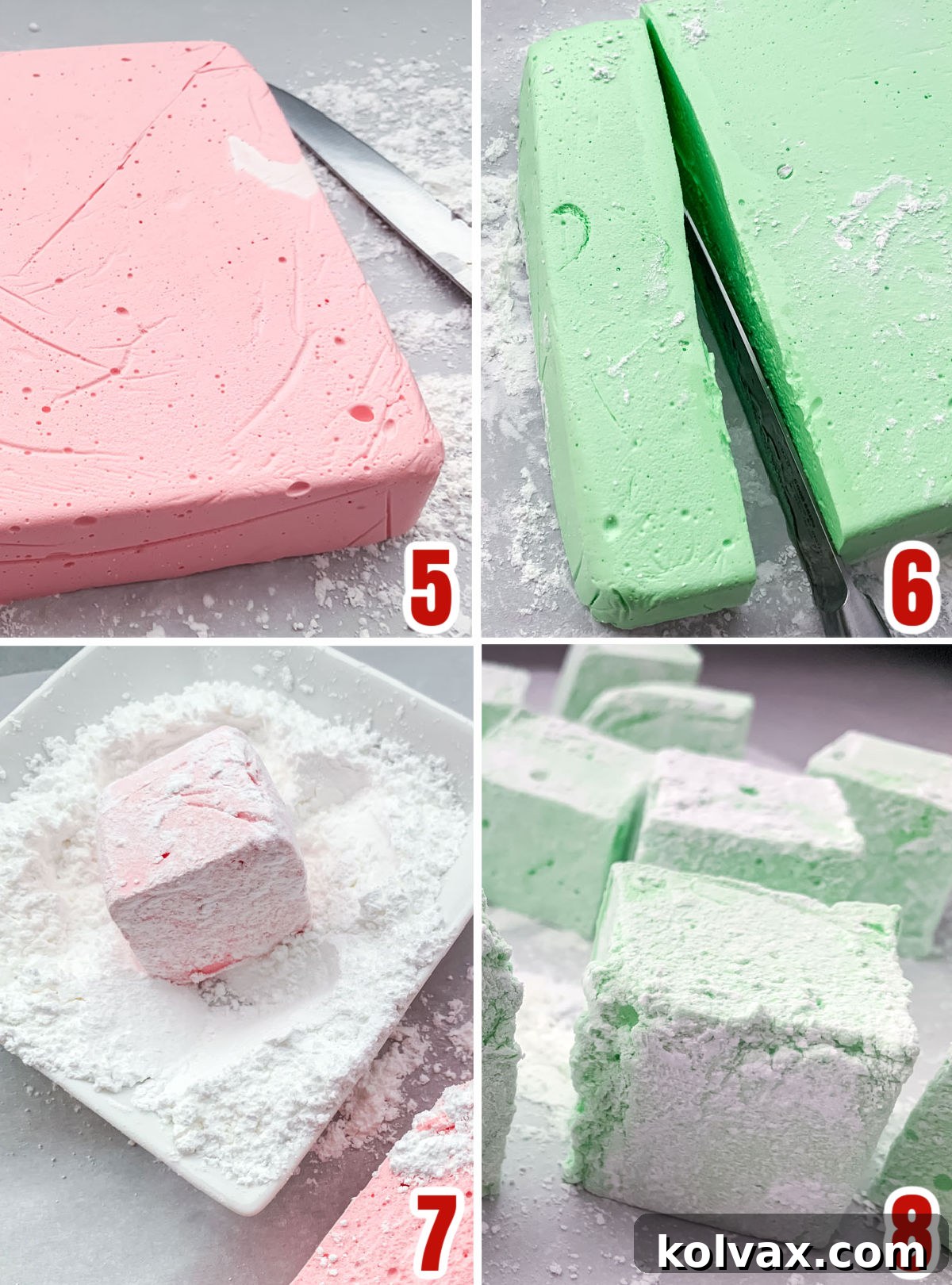 Collage image showing how to dust the marshmallow with powdered sugar and cornstarch.
