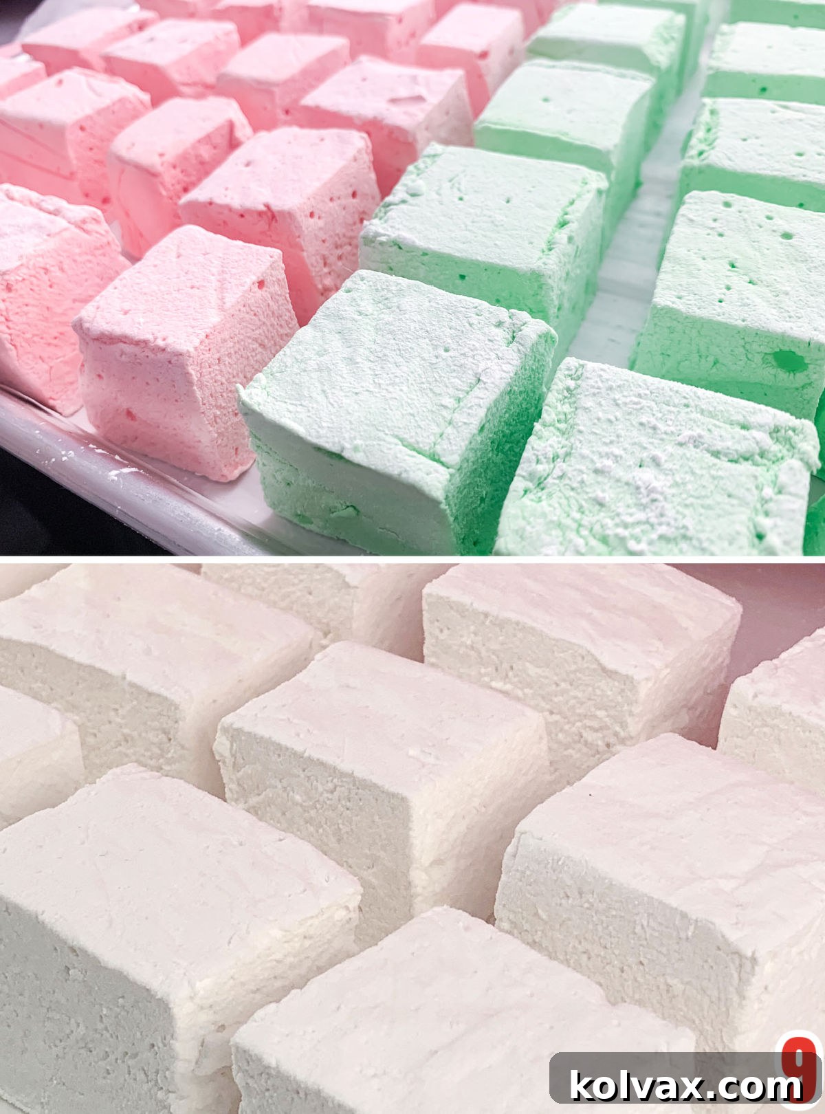 Collage image showing Red, Green and White Christmas Homemade Marshmallows sitting in rows on cookie sheets.