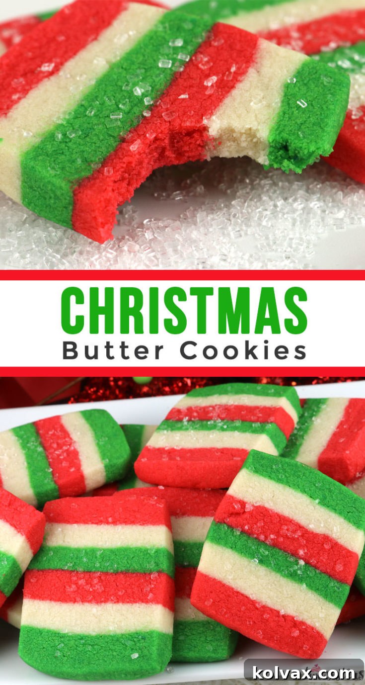 Christmas Butter Cookies - a delicious holiday dessert recipe with red, white, and green layers and sparkling sugar.