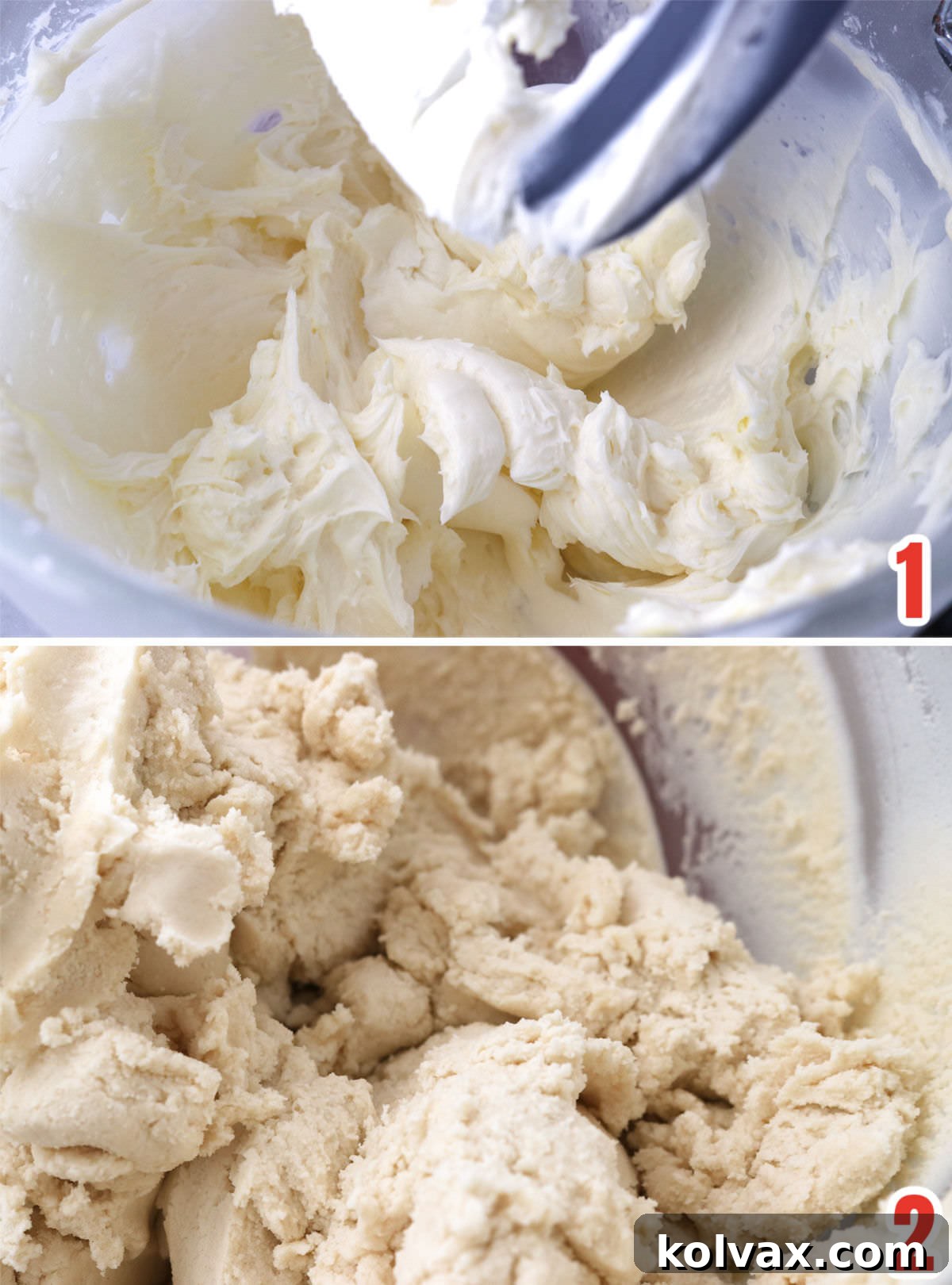 Collage image showing the process of making the red, white, and green butter cookie dough: creaming butter and sugar, adding vanilla, and incorporating flour.