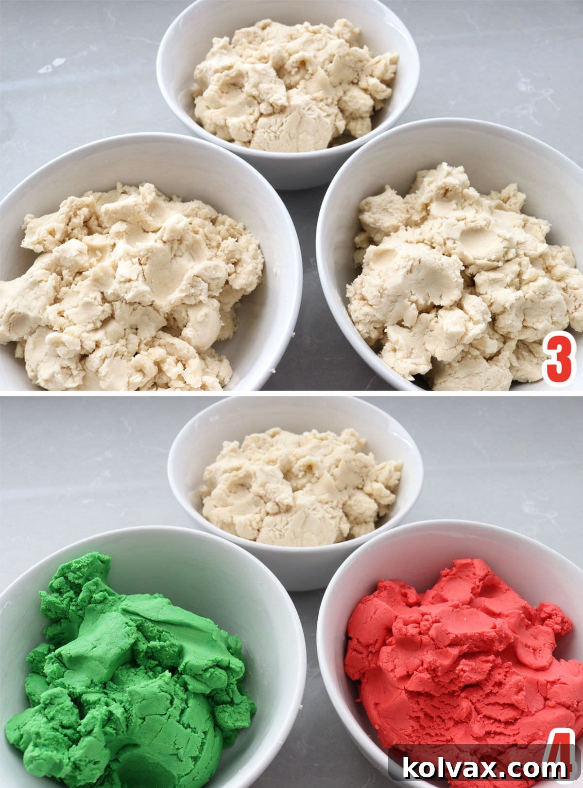 Collage image demonstrating how to portion the cookie dough and color it vibrant red, white, and green for Christmas.