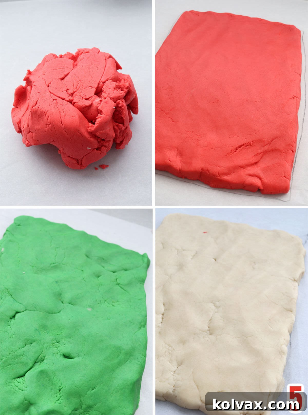 Collage image illustrating how to flatten and shape the three different colors of cookie dough (red, white, green) into uniform rectangle layers.