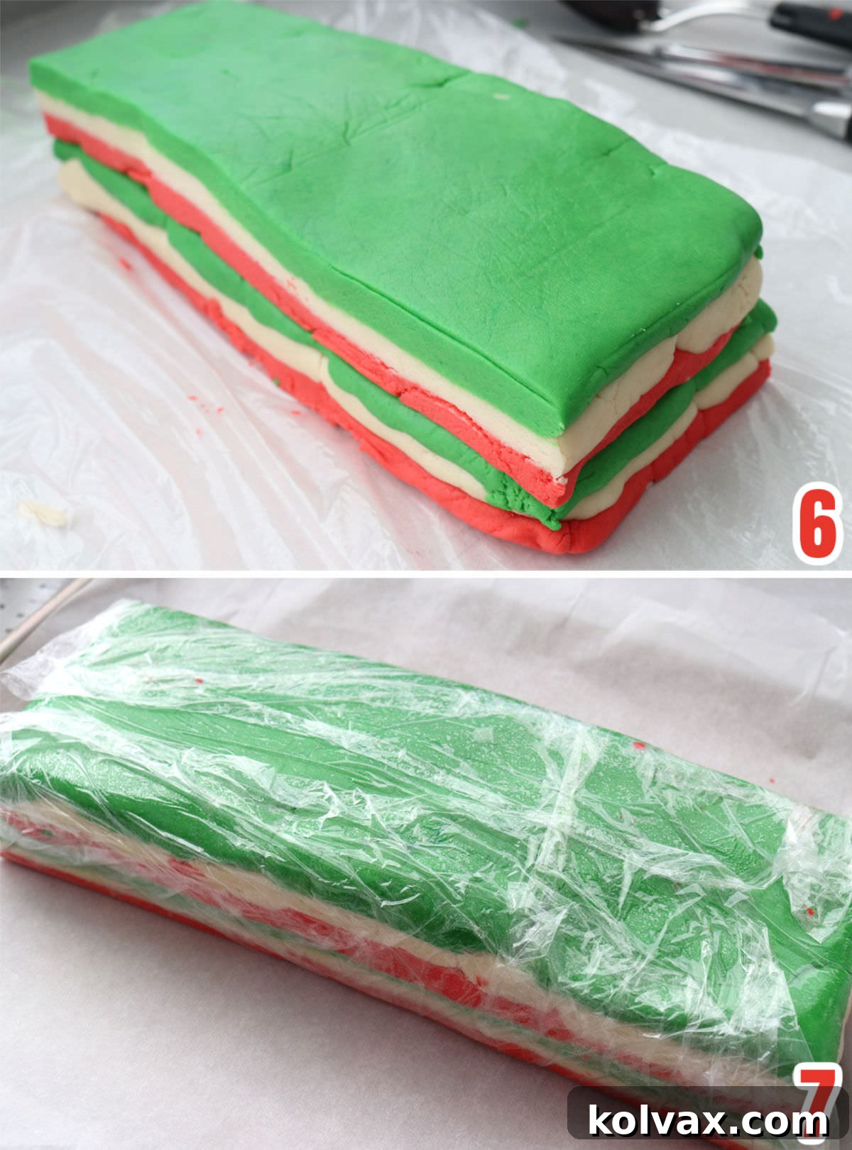 Collage image showing the process of stacking colored cookie dough layers, slicing them in half lengthwise, doubling the stack, and finally wrapping the dough in plastic wrap for chilling.