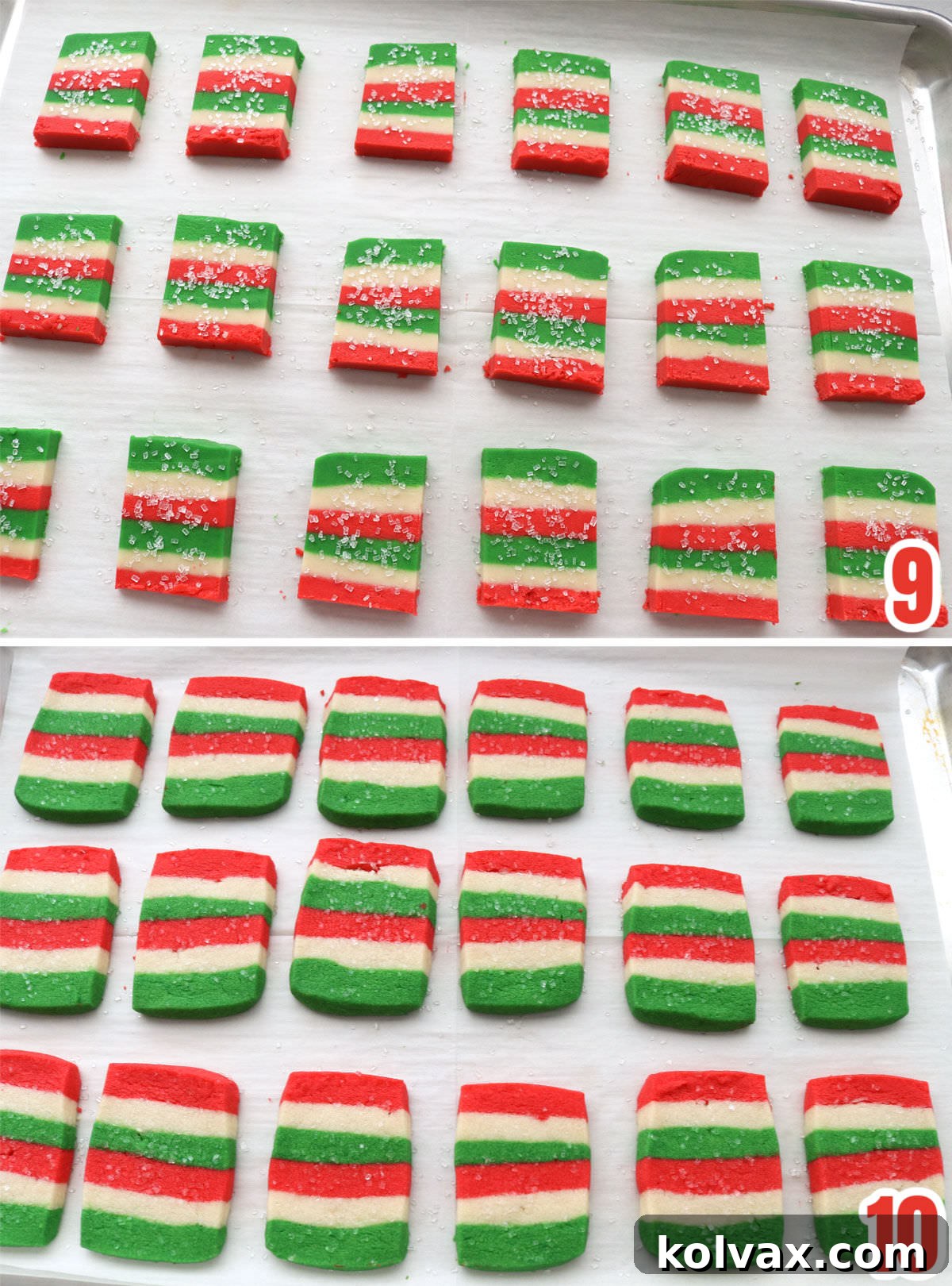 Collage showing colorful butter cookie slices arranged on a parchment-lined baking sheet, ready for the oven, and another image of the golden-baked cookies cooling on the sheet.