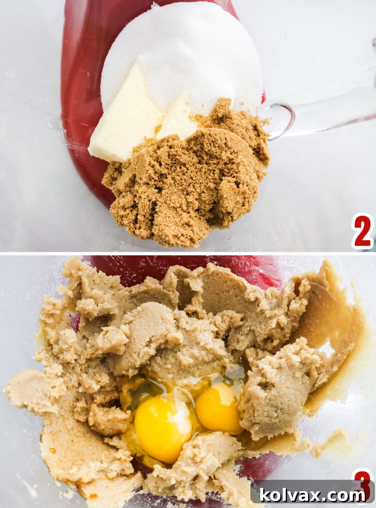 Collage image showing the process of creaming softened butter, granulated sugar, and brown sugar together in a mixing bowl until light and fluffy.