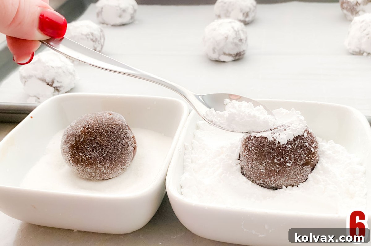 Image illustrating the two-step process of coating chocolate cookie dough balls: first lightly in granulated sugar, then generously in powdered sugar, ensuring a beautiful crinkle.