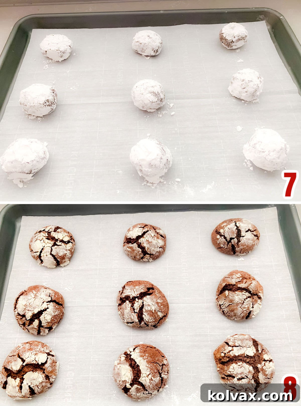 Collage image displaying Chocolate Crinkle Cookies before baking on a tray and after baking, showing their distinct snowy cracks.