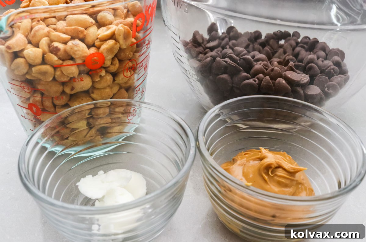 All the ingredients you will need to make Chocolate Peanut Clusters including Honey Roasted Peanuts, Chocolate Chips, Peanut Butter and Shortening.