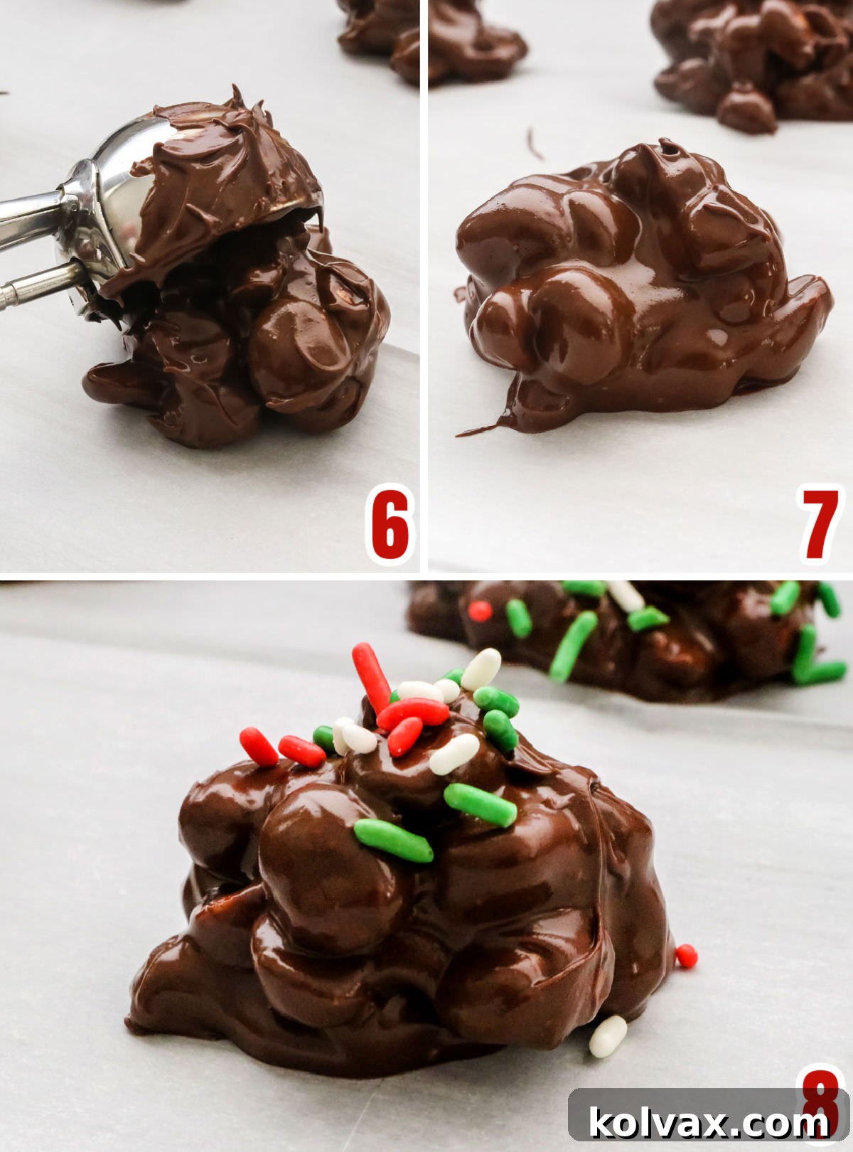 Collage image showing the steps for creating the individual chocolate peanut clusters.