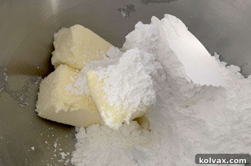 Mixing bowl filled with softened butter and powdered sugar, ready to be creamed.