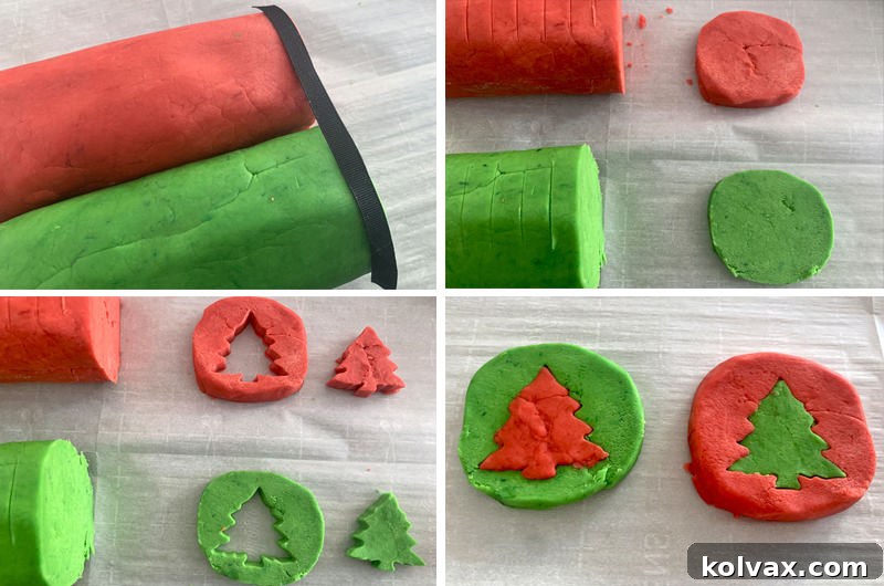 Collage showing the step-by-step process of creating two-tone Holiday Butter Cookies, from shaping logs to cutting and swapping inserts.