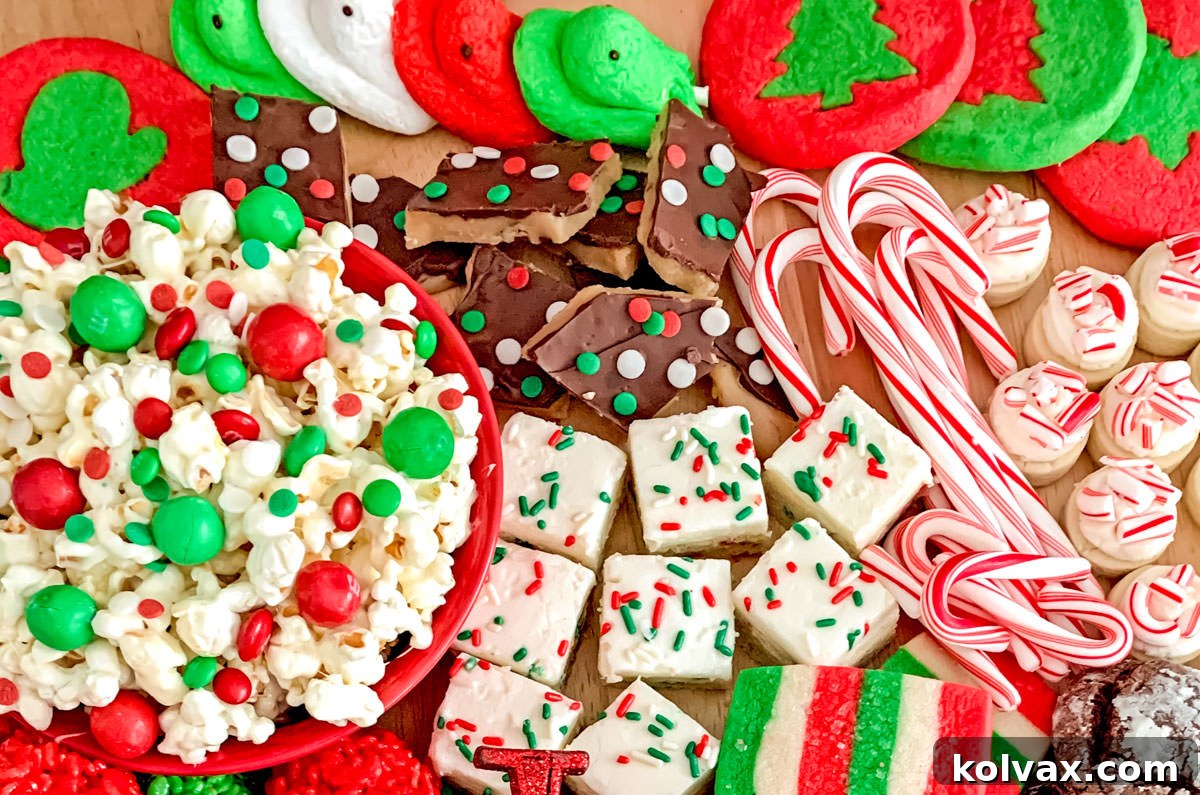 A diverse assortment of Christmas Desserts, beautifully arranged on a spacious wooden cutting board, showcasing a variety of textures and festive colors.