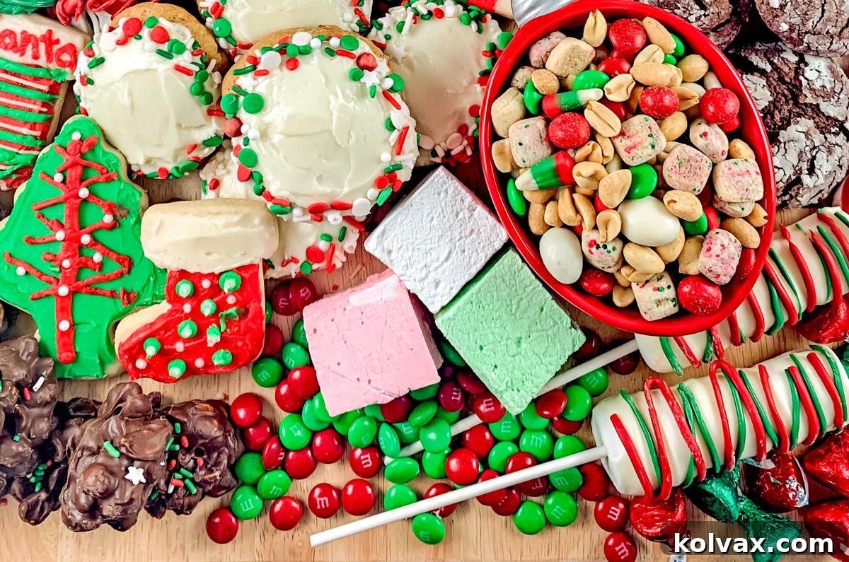 An inviting assortment of Christmas Desserts, meticulously arranged on a large wooden cutting board, highlighting the beauty and variety of holiday treats.
