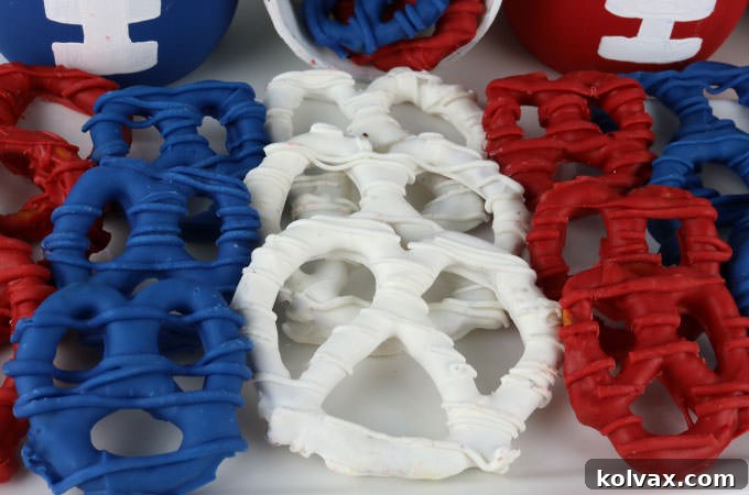 A close-up shot of freshly made Houston Texans Pretzels, showcasing the vibrant red, white, and blue colors, ready for a game day party.