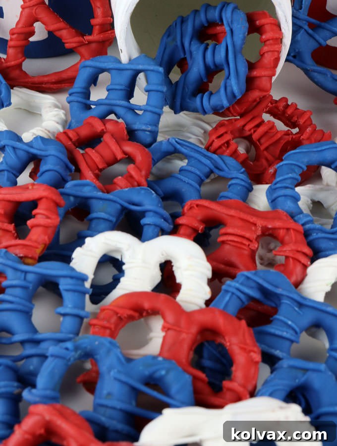 A vibrant display of Houston Texans Pretzels in red, white, and blue, artfully arranged on a serving tray, perfect for any football event or Super Bowl party.
