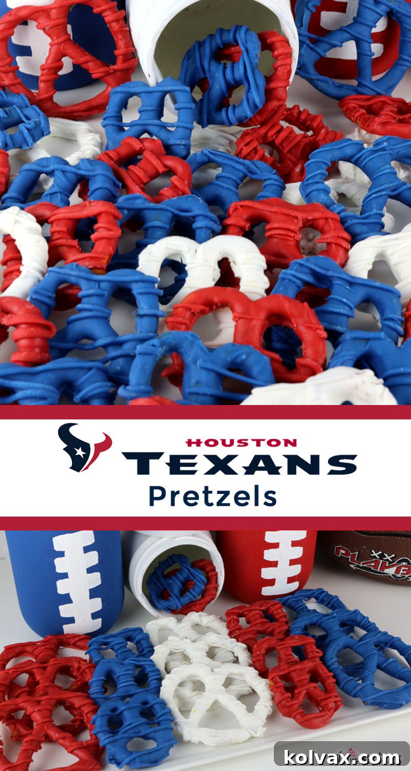 A large, vibrant platter of Houston Texans Pretzels in red, white, and blue, styled for a football party, highlighting their sweet and salty appeal and ease of making.