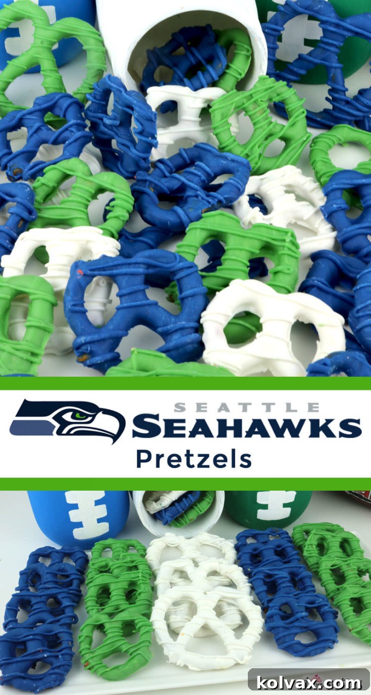 A batch of Seattle Seahawks Pretzels ready for Pinterest sharing.