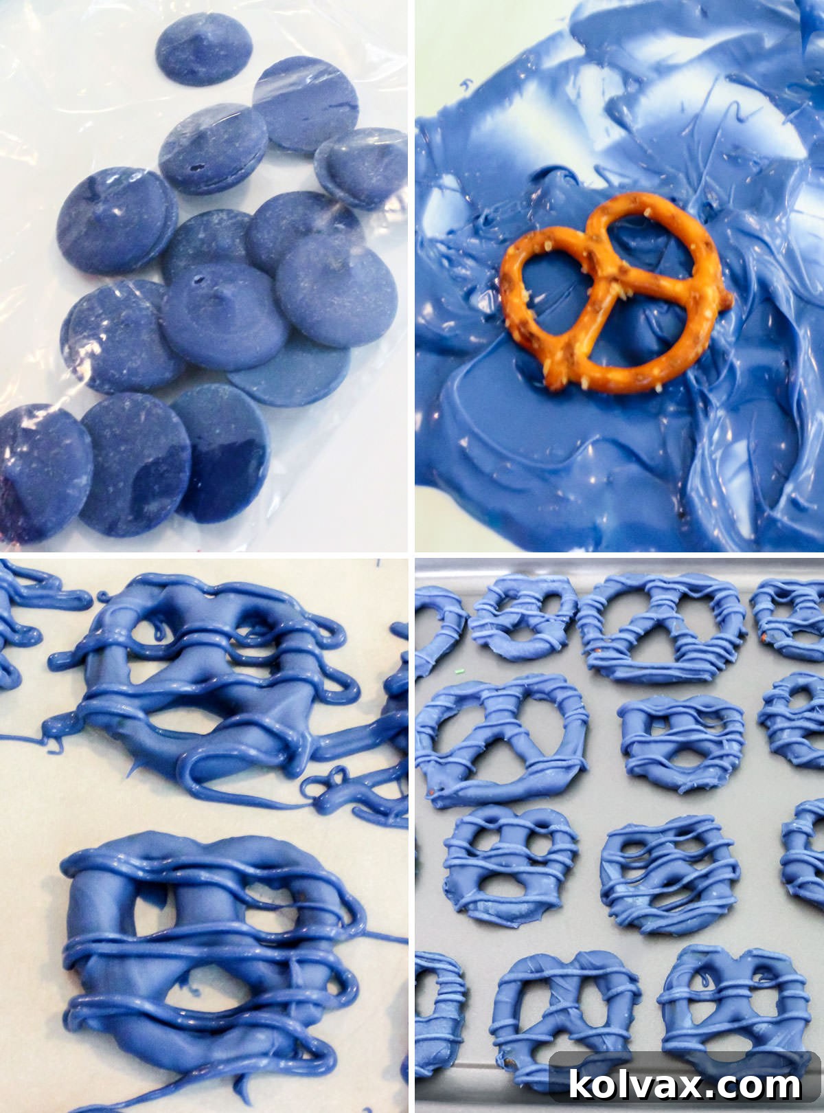 Collage image showing the steps for covering the pretzels in blue melted candy melts.