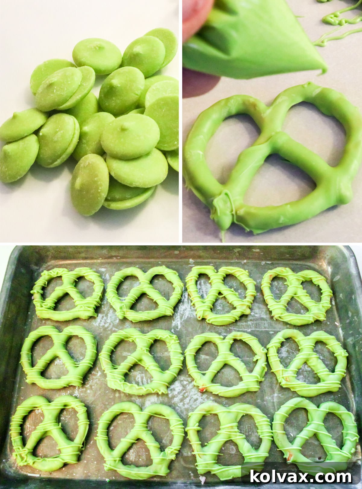 Collage image showing the steps for covering pretzels in Green Candy Melts.