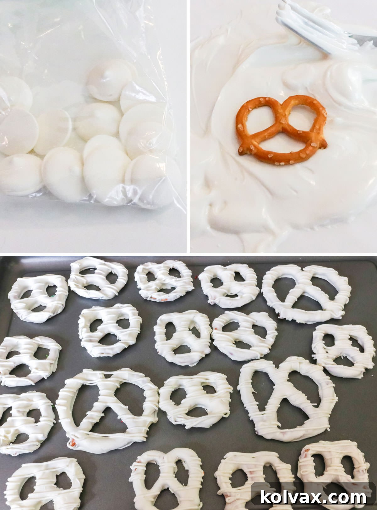 Collage image showing the steps for making the White Seattle Seahawks candy covered pretzels.