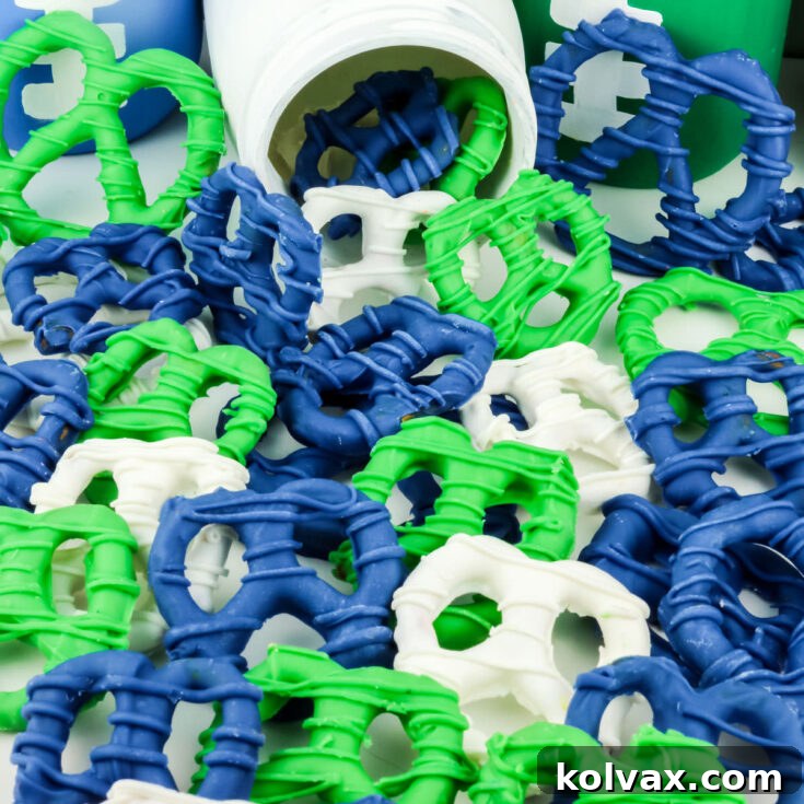 A full batch of Seattle Seahawks Pretzels spread out on a white table.