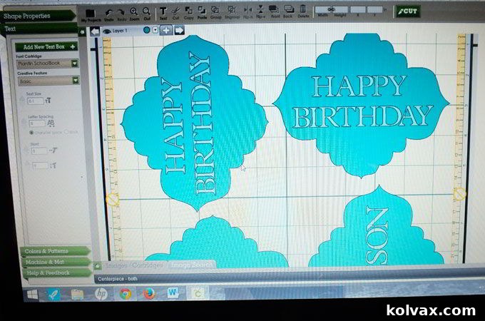 Utilizing a Cricut machine to precisely cut out the Happy Birthday Allison signs from sparkly card stock for the Disney Frozen Centerpiece decorations.